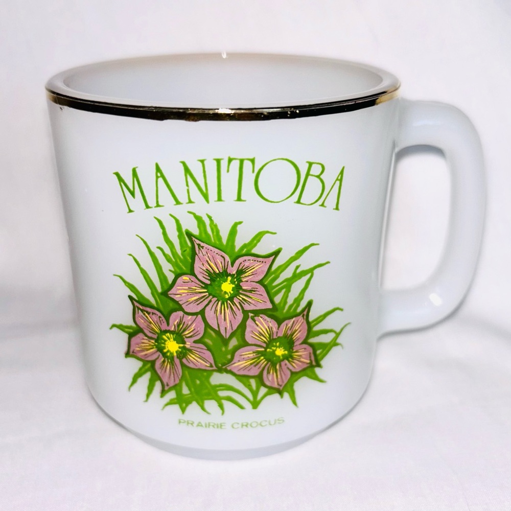 Glasbake Mug Manitoba Province Flower Pink Prairie Crocus Milk Glass Vintage
